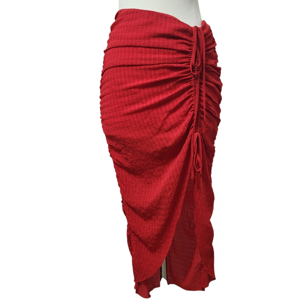 Revolve Lovers + Friends Brooke Cherry Red Ruched Slit Midi Skirt Small - Picture 2 of 10